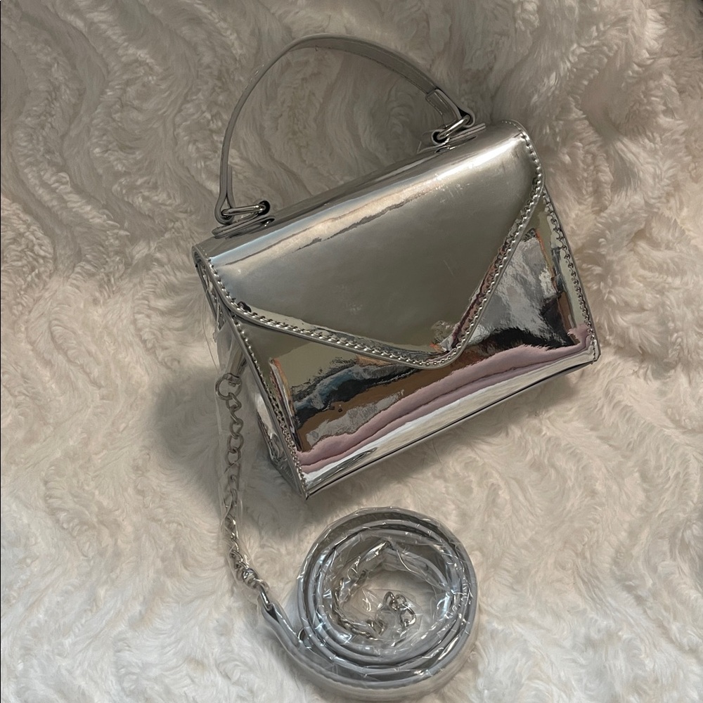 Shiny Metallic Silver Top-Handle Crossbody Bag - Picture 6 of 16